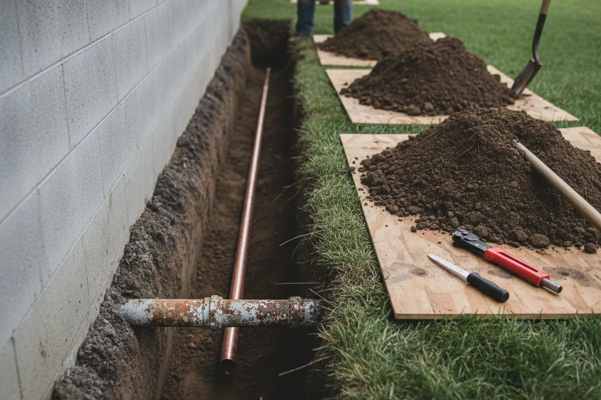 Excavated water line trench during Water Softener Installation in Sorrento